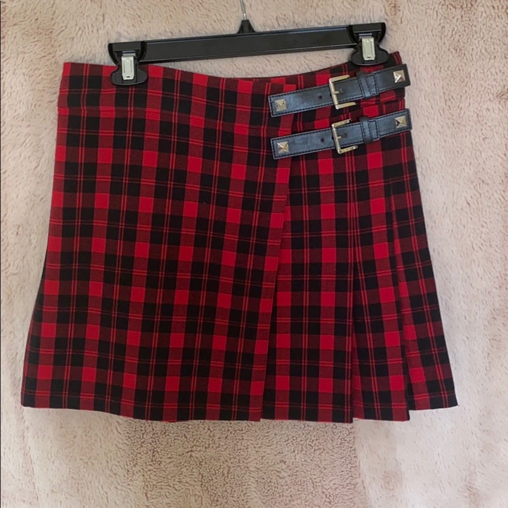 Michael Kors Plaid Skirt w/ studded leather straps